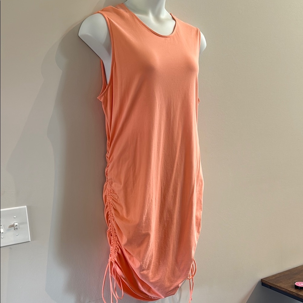 VENUS Coral Midi Dress with Ruched Sides